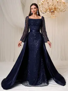 Elegant Sequined Slim Long Sleeve Two-Piece Dress Set, Detachable Cape Skirt, High-End Formal Evening Gown, Stylish Lady Party Wear Womenswear