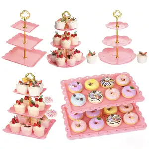 10 Pcs Dessert Table Display Set Cupcake Stand Pink Plastic Dessert Table Set 4 3 Tire Cake Display Stands with Gold Rod Cookie Tray Rack Serving Tower and 6 Trays for Wedding Baby Shower Tea Party