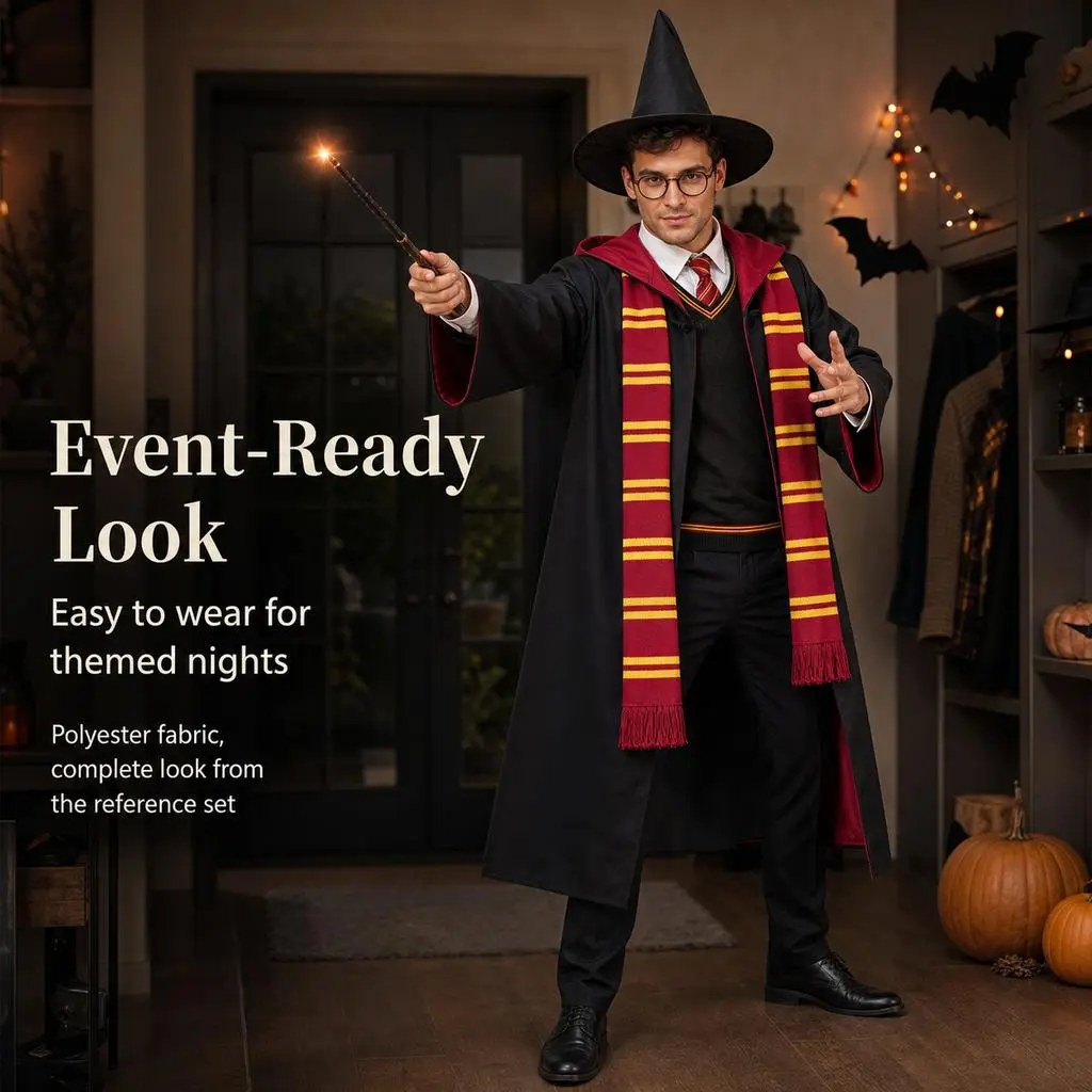 Men's Medieval Wizard Cosplay Costume Set - 100% Polyester Long Robe, Hat, Scarf, Tie, Glasses, Wand, Sweater Shirt for Halloween Party, Stage Performance Birthday Carnival Classic Clothes