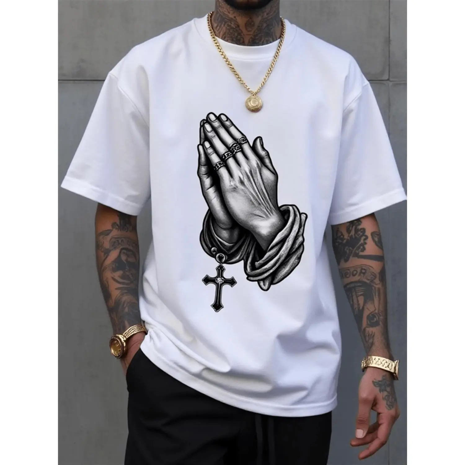 Mens Christian Prayer T-Shirt - Soft Breathable Cotton Relaxed Fit Tee with Praying Hands, Rosary Beads & Cross - Religious Gift for Dad, Birthday, Easter, Christmas - Everyday Church Apparel( Machine Washable), Spiritual Wear, Symbolic Print Shirt