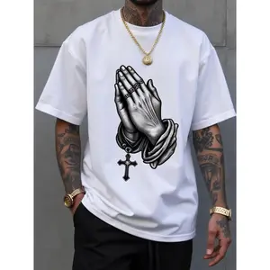 Mens Christian Prayer T-Shirt - Soft Breathable Cotton Relaxed Fit Tee with Praying Hands, Rosary Beads & Cross - Religious Gift for Dad, Birthday, Easter, Christmas - Everyday Church Apparel( Machine Washable), Spiritual Wear, Symbolic Print Shirt