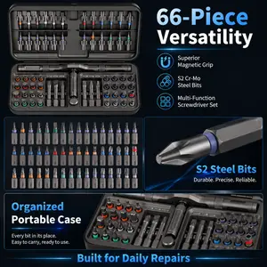 66 in 1 Magnetic Ratchet Screwdriver Set with S2 Steel Bits, H6.35 & H4 Precision Bits, Long Bits, Multi‑Function Handle for Electronics, Home & Bike Repair