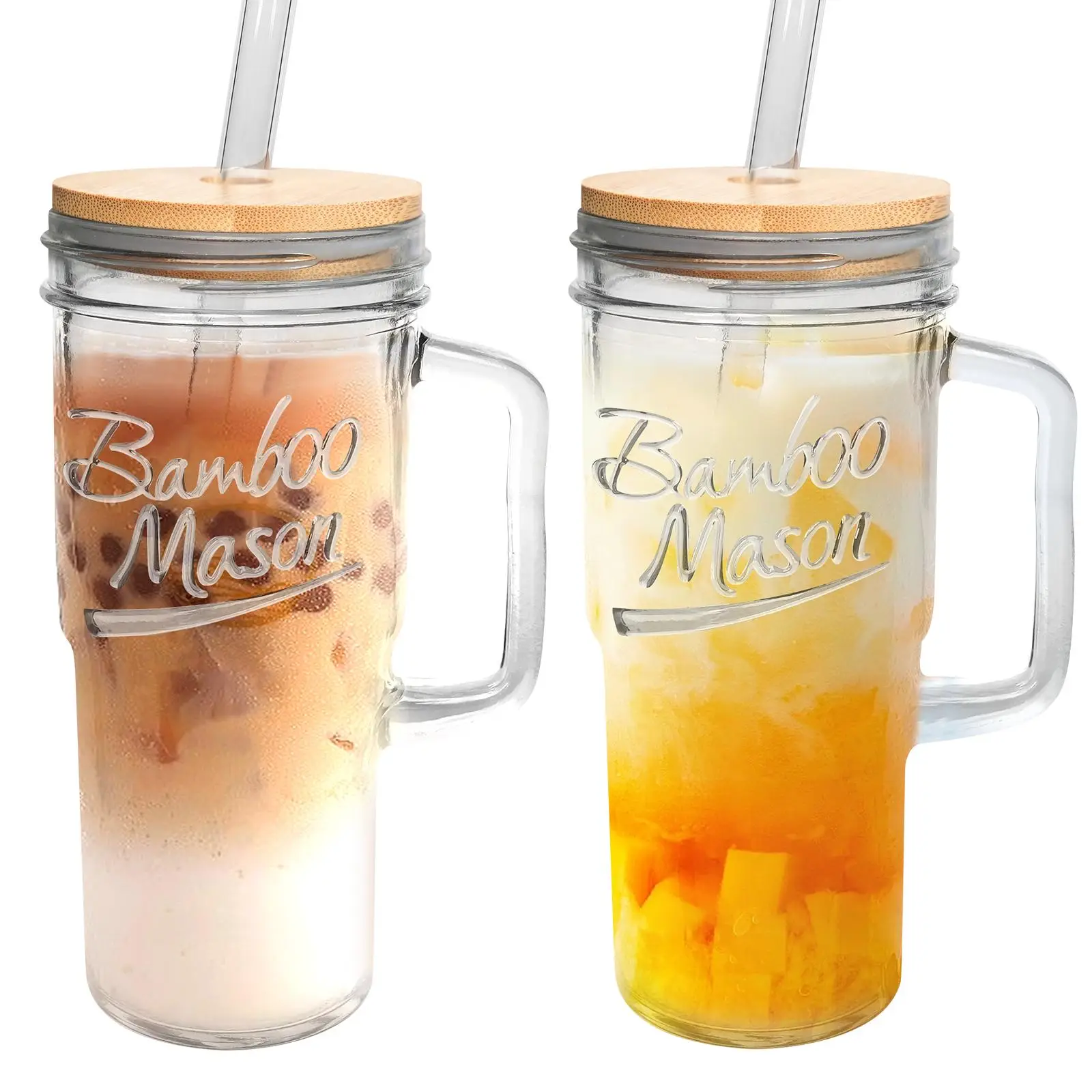 24oz Glass Cup with Handle, 2 Counts Large Capacity Glass Tumbler with 2 Straws and 1 Straw Brush, Drinkware for Home Office Outdoor Sport