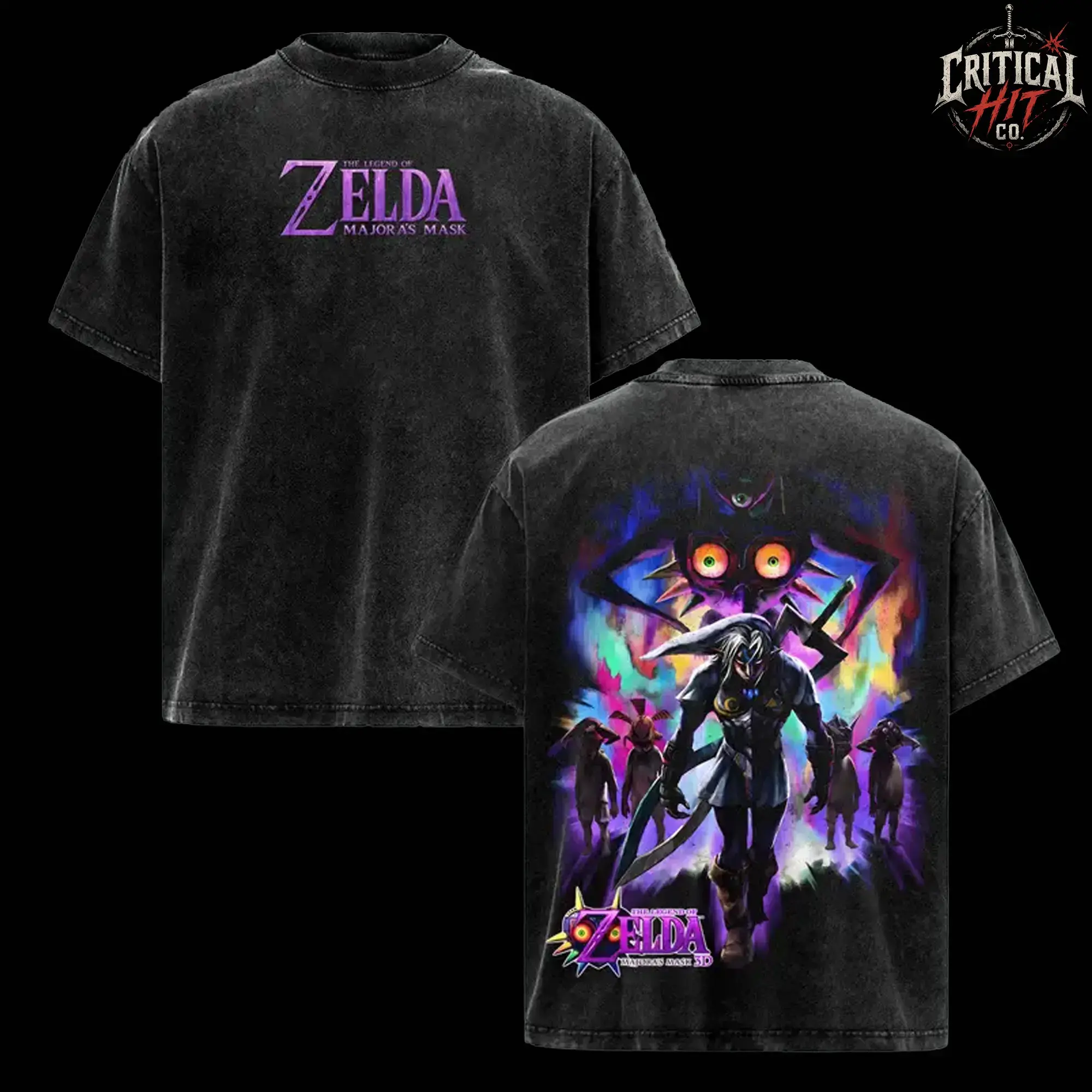 The Legend of Zelda Majora’s Mask Vintage Washed Oversized T-Shirt, Retro Dark Fantasy Graphic Tee, Heavyweight Cotton Gamer Streetwear, Double Sided Link Skull Kid Majora Mask 3D Fan Merch Gift