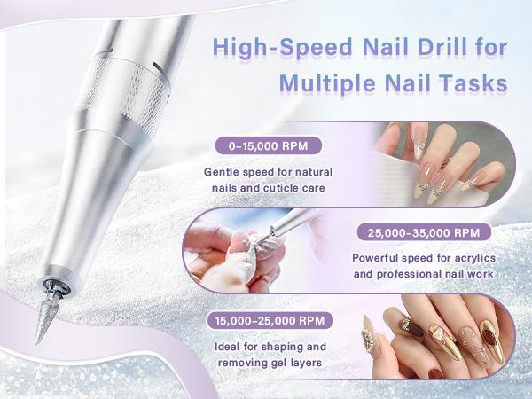 Professional Electric Nail Drill 35000 RPM,Portable Rechargeable E-File with LED Display,Quiet Low-Vibration Nail File Machine, Adjustable Speed,12 Nail Drill Bits for Acrylic Nails & Gel Nails