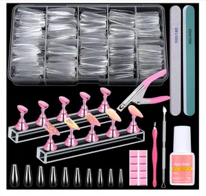 600PCS Clear Coffin Nail Tips Set Qinzave Clear Acrylic Nail Tips with Nail Glue Coffin Nails Full Cover with Nail Display Stand, Cuticle Nail Pusher Remover, Nail Files Buffer