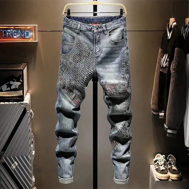 Men's Casual Printed Jeans - Fashion Slim Straight Fit in Breathable Stretch Denim for Spring and Autumn, Asian, Menswear, Slim Fit, Printed Look, All Over Print, Straight Pants, Asian Sizes, Denim Fabric