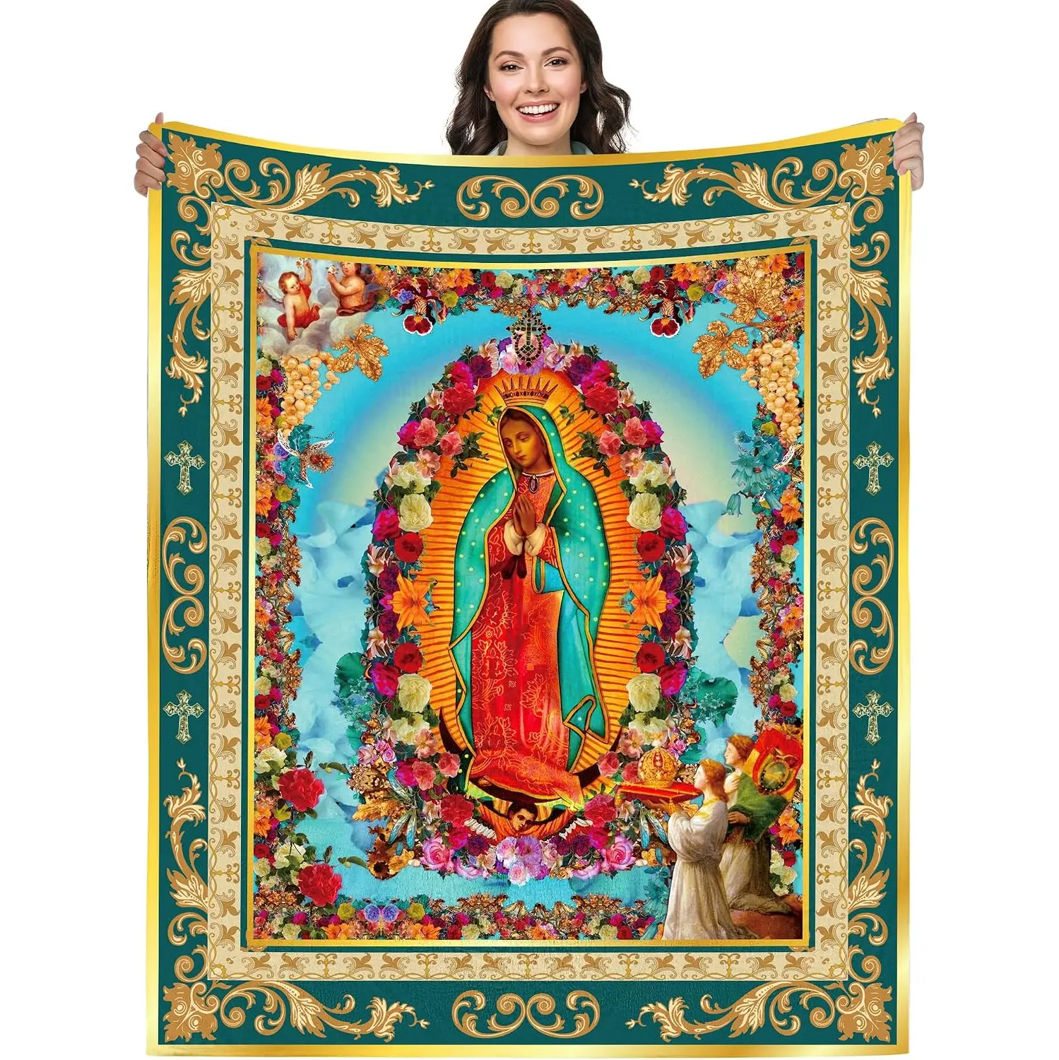 Virgin Mary Religious Flannel Throw Blanket,&queen of pop blanket,Christian Faith Plush Fleece Blanket, Soft Cozy Catholic Prayer Blanket for Bedroom Sofa Home Decor Gift