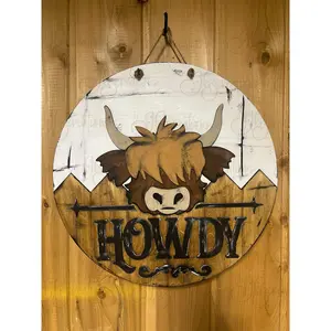 Howdy Cow Round Sign Highland Cow Welcome Sign