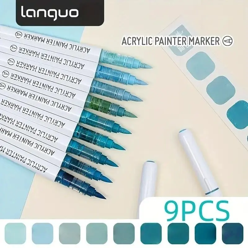 Languo 9pcs Liquid Soft Tip Design Acrylic Markers Set, Drawing Markers, Watercolor Painting Pens, Stackable, Auto Ink Control, Ideal for Art Creation, Teaching Painting Supplies, Drawing Tools