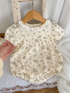 Summer Infant Toddler Romper with Ruffled Edges, Floral Cotton Short Sleeve Bodysuit for Baby Girls, Triangle Design for Comfortable Crawling, Baby Clothes Girl