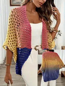 New Summer Autumn Gradient Rainbow Hollow Out Knit Cardigan, Loose Fit Versatile Sun Protection Outerwear Shawl for Women