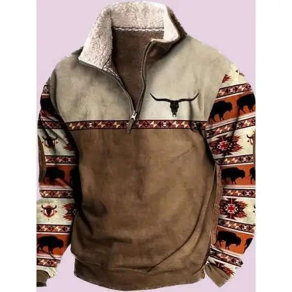 Men's Retro Western Denim Zipper Sweatshirt Printed Stand Collar Long Sleeve Casual Jacket Menswear Outfit Coats Tops