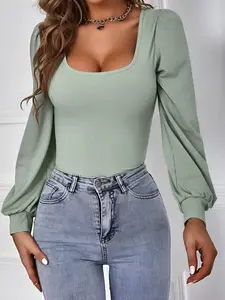Women's Plain Puff Sleeve Square Neck Ribbed Tee, Casual Long Sleeve T-shirt for Fall & Winter, Women's Clothing for Daily Wear