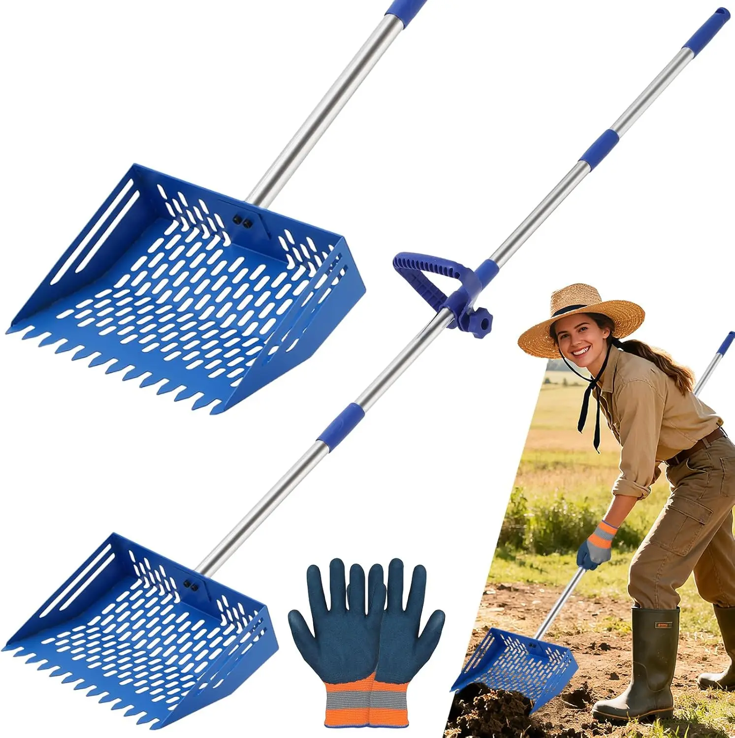 2-in-1 Chicken Litter Scoop & Rake, 10 Inch Scoop Head, Adjustable Length Stainless Steel Handle (51.5in-65.7in Original Range 37.79in-65in), Pet Farm Animal Waste Cleaning Set with Blue Gloves