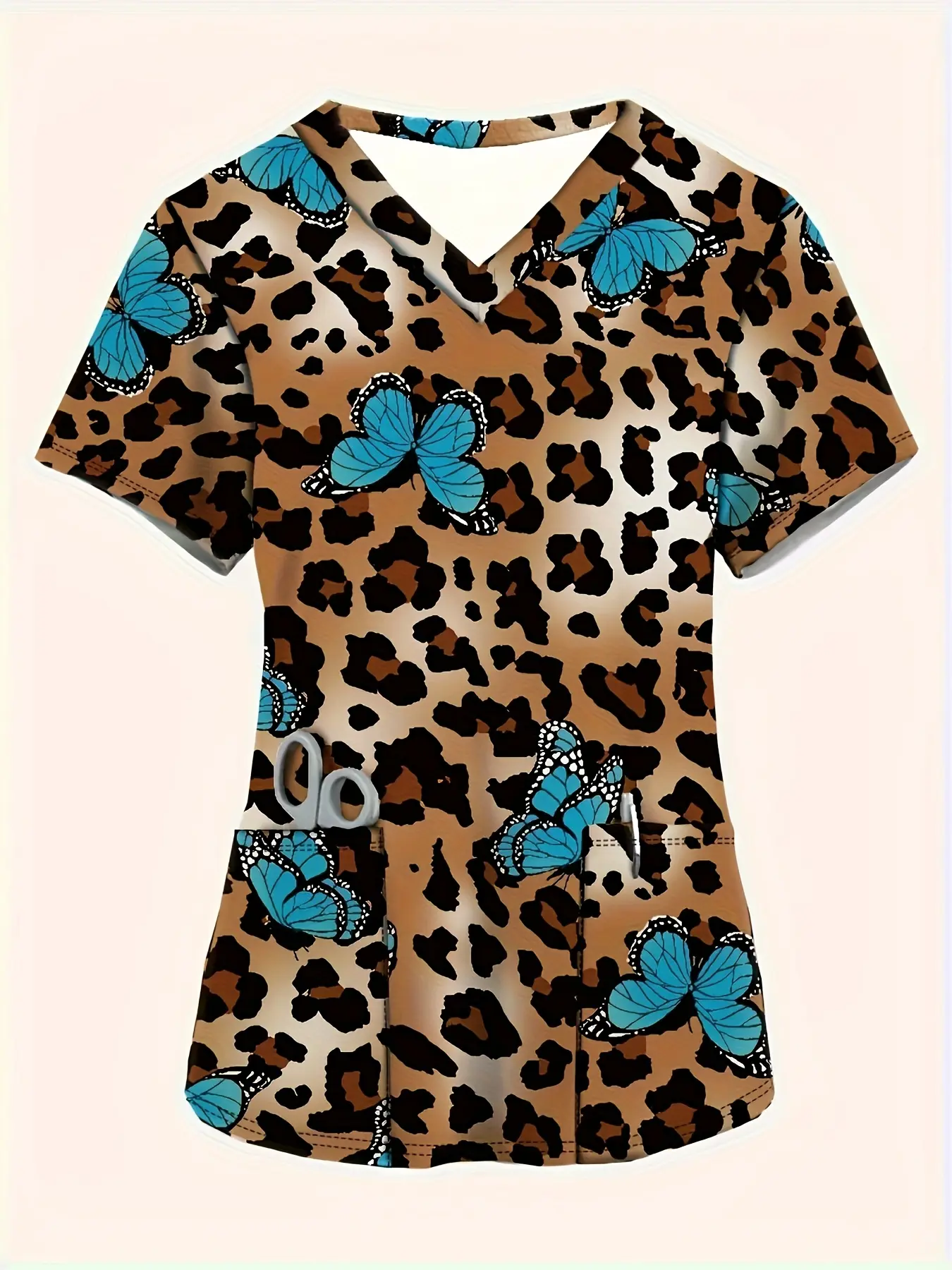 Women'S Stylish Short-Sleeve V-Neck Top, Featuring A Leopard Print Butterfly Design, Comfortable and Casual Nurse Uniform with Pockets, Suitable for Female Doctors
