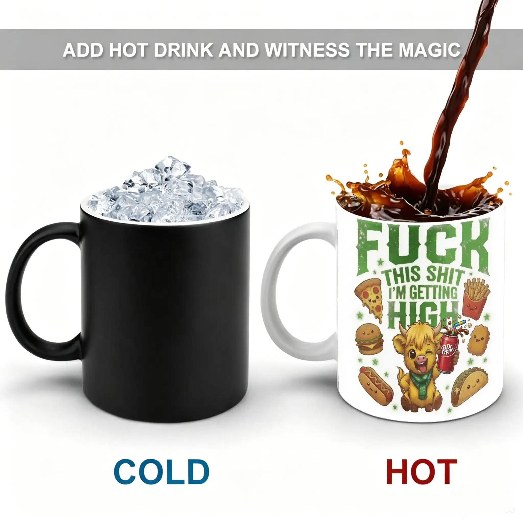 1 x 11 oz (approx. 325 ml) Magic Color-Changing Mug – Heat-sensitive ceramic mug featuring a black body with a fun white design; a unique, reusable mug perfect for tea and cocoa; cute style (hand wash only) #GlobalSelection