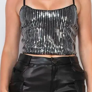 Sequence Spaghetti Strap Tank Topper - Silver Striped Crop Top for Women