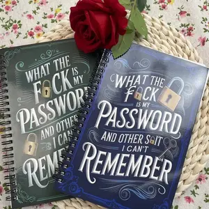 A spiral-bound password-protected notebook, used for recording information such as websites, emails, usernames, passwords, and the date of the last password modification, as well as a financial savings ledger.