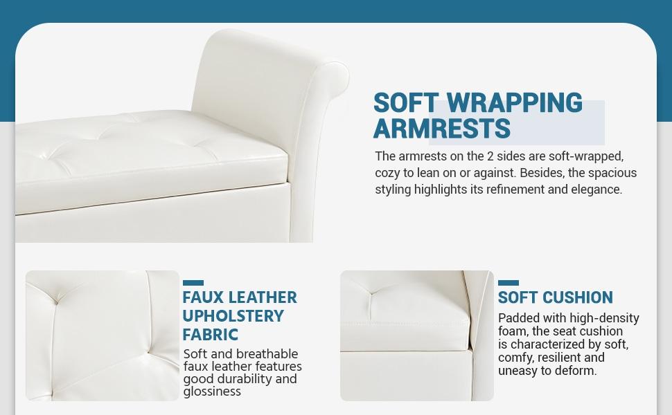 Yaheetech 52in Storage Bench Ottoman Bench Tufted Entryway Bench with Rolled Armrests Footstool with Large Storage, Fabric/Faux Leather