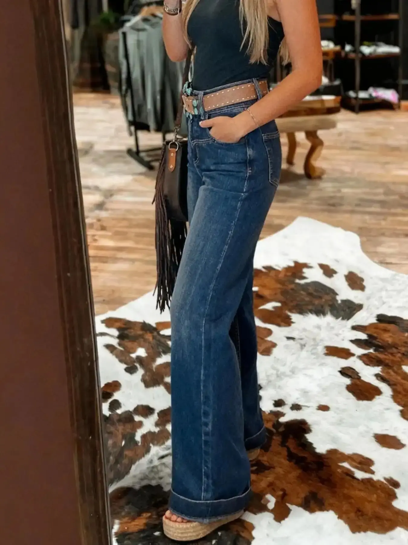 American Western Wide Leg Denim Jeans for Women, Deep Indigo Washed Turn-Down Hem Pants, Vintage Sexy Slim Fit, Versatile Fashion Womenswear loose fit relaxed fit flattering fit bodycon