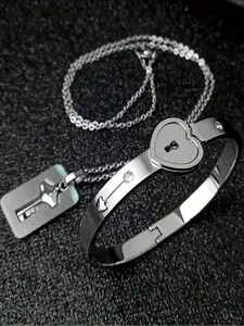 Couple Bracelet Set Heart Lock Fashion Stainless Steel Bangle, Rose Heart Jewelry No Fade with Pendant Key Necklace Accessories