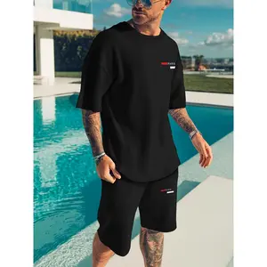 Two piece casual sports set, breathable outdoor casual men's T-shirt and five pants set, summer set, adult men's set
