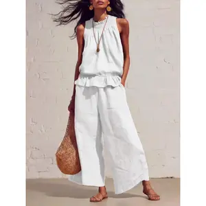 Women's Summer Solid Color Casual Retro Boho Ruffle Cotton Linen Sleeveless Top and Pants Two-Piece Set, Comfortable and Stylish Bohemian