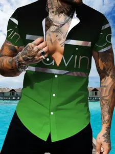 Gradient Printed Short Sleeve Shirt, Men's Casual Business Top, Multi-color Splicing Design, Fashion Trendy Style
