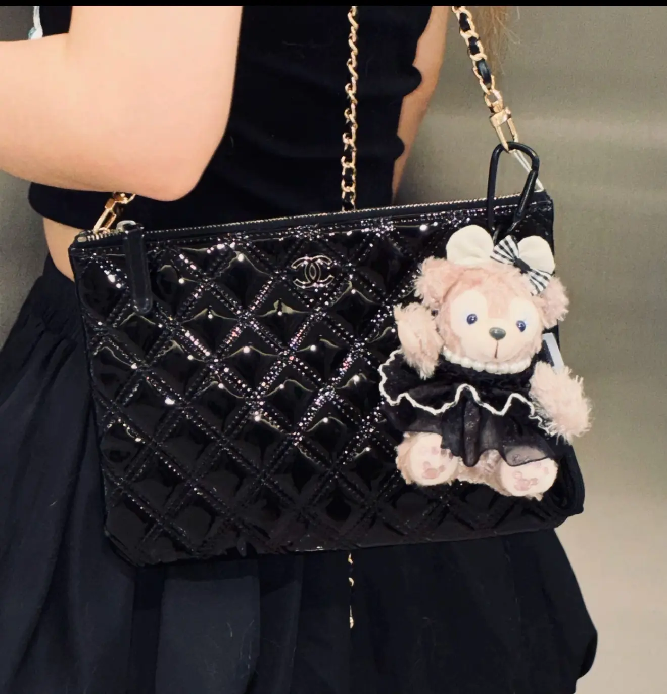 Pre-owned CHANEL Black Patent Leather Brilliant Quilted Zip Clutch Crossbody Bag Gold Interlocking CC Chain Shoulder Purse, Embellished Shoulder Bag, Chain Shoulder Purses