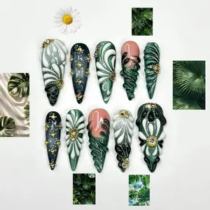 Green Black Press On Nails with 3D Floral and Gold Detail | Elegant Botanical Nails in Almond Shape | Luxury Nails