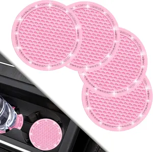 Car Coasters, 4 Pack Universal Vehicle Bling Car Coaster, Rhinestone Coaster for Cup Holders, Car Interior Accessories 2.75'' Silicone Car Coasters for Women(Pink, Pink Crystal Circle)