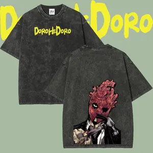 Unisex Retro Dorohedoro Shin Anime Character Double-Sided Graphic Washed Cotton Fabric Short-Sleeve T-Shirt, Vintage Harajuku Dark Manga Oversized Casual Streetwear Men's Top