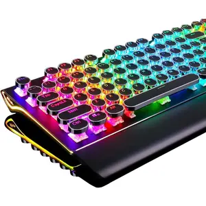 S108 Typewriter Keyboard, Retro Mechanical Gaming Keyboard Wired 108  with RGB Backlit Sidelight, Detachable Wrist Rest, Round Keycaps Blue Switches - Black