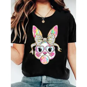 Adorable Bunny Easter Women's Casual Round Neck T Shirt Comfortable Fit Slightly Stretchy Knit Fabric Ideal for All Seasons