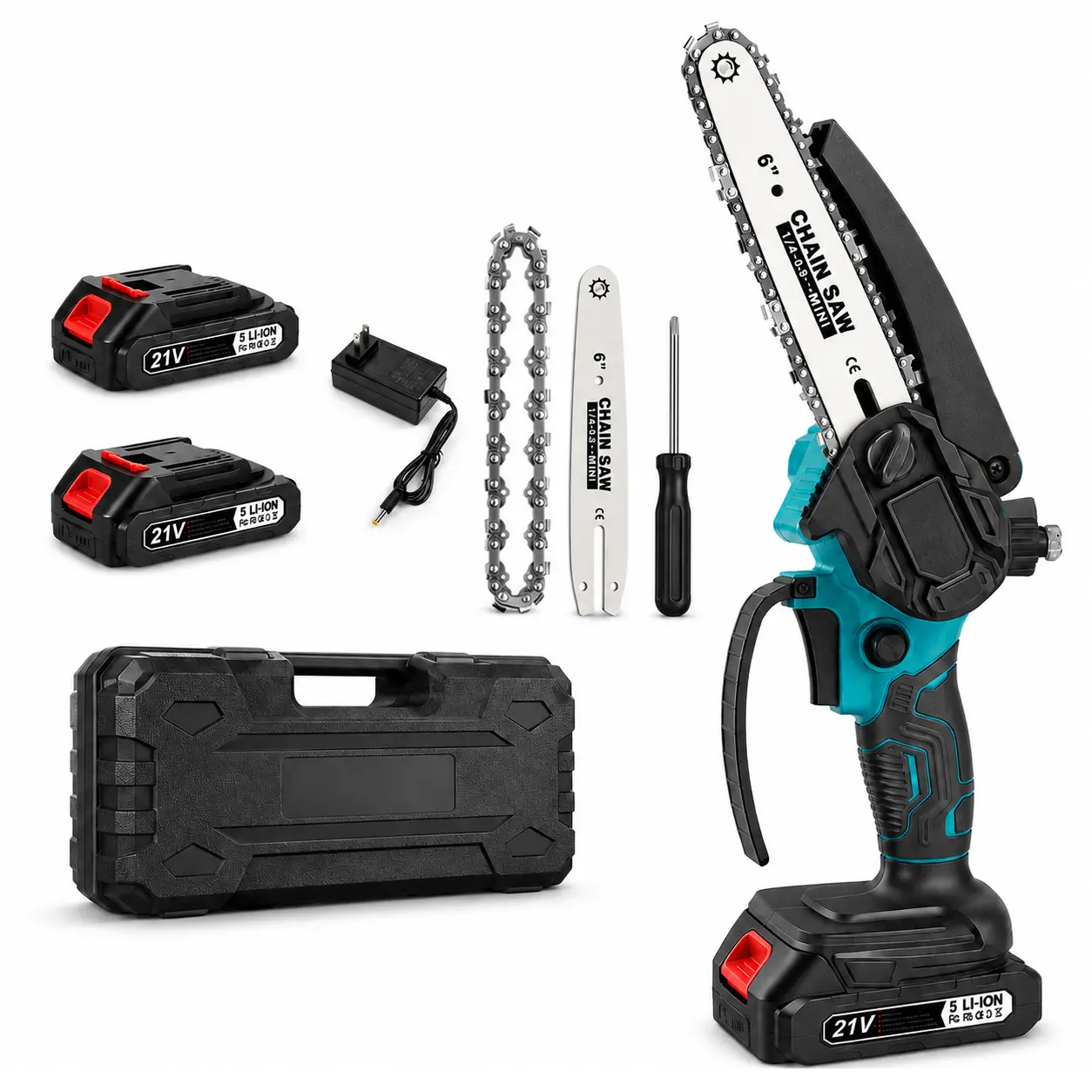 Upgraded 6-Inch Portable Mini Cordless Chainsaw Kit, 21V Rechargeable Handheld Electric Saw with Safety Guard & Battery Protection, Lightweight Power Tool for Wood Cutting, Tree Trimming, Yard Work