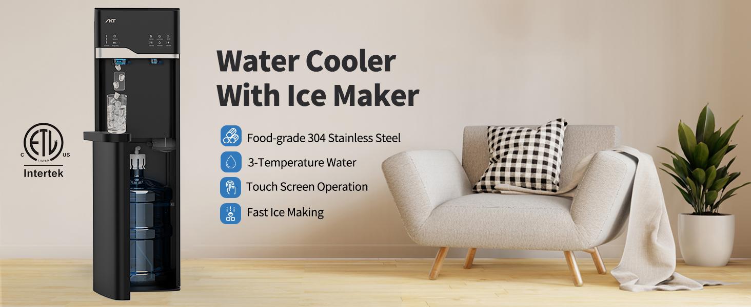 IKT Bottom Loading Water Dispenser Cooler with Ice Maker for 5 Gallon Bottle 22lbs Daily Capacity Self Clean Empty Bottle Alert Black