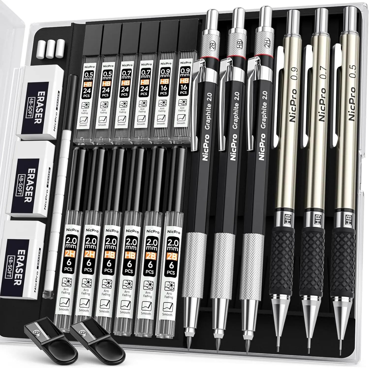 Nicpro 6PCS Art Mechanical Pencil Set | 3PCS Metal Drafting Pencil 0.5 Mm & 0.7 Mm & 0.9 Mm & 3PCS 2Mm Graphite Lead Holder (2B HB 2H) for Writing, Sketching Drawing