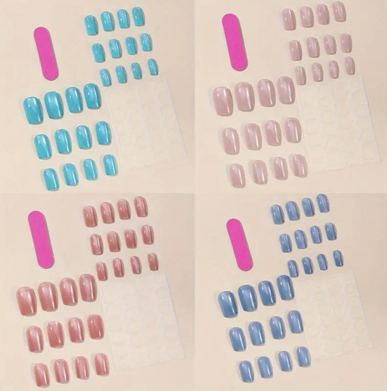 4 Box (96pcs) Square Cat Eye Press Nails Nude Green Blue Pink White Moonlight Full Covered Fake Nails Reusable Fake Nails For Women And Girls