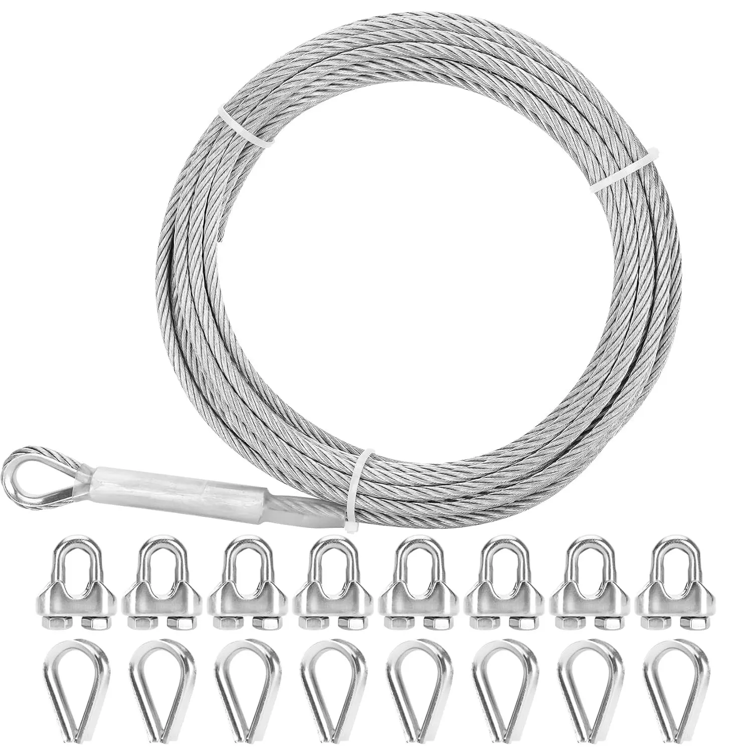 25FT 1/4IN 304 Stainless Steel Cable with M8 Clips & Thimbles