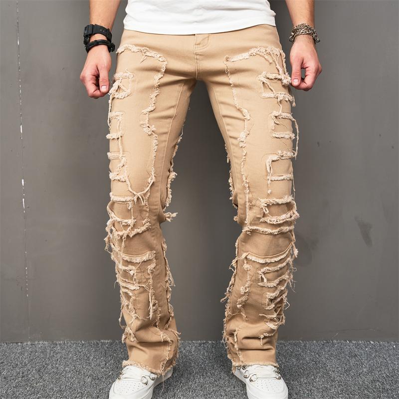 Men Stylish Vintage Khaki Stacked Spliced Slim Flared Jeans Pants Streetwear Hiphop Male Straight Biker Denim Trousers