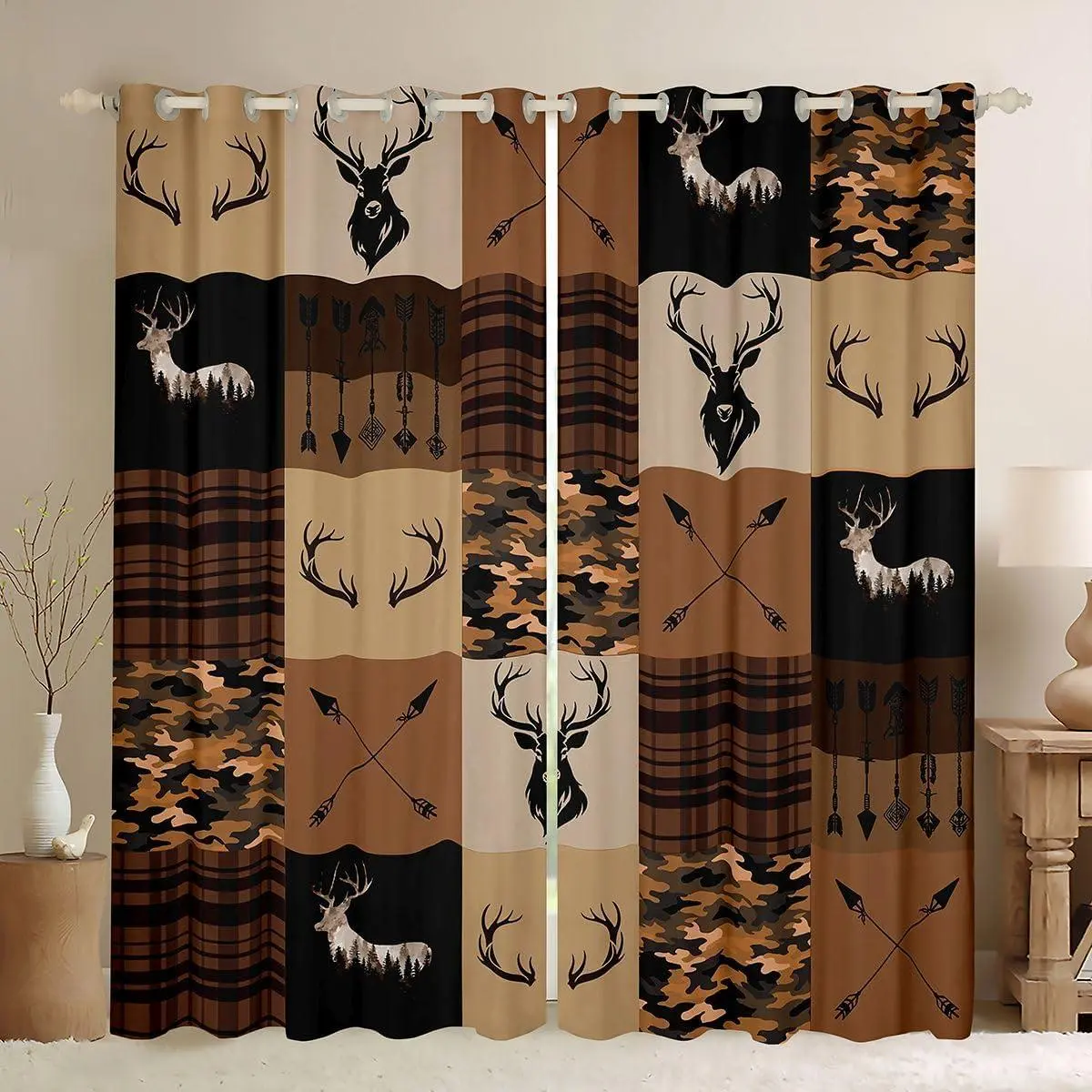 Camo Deer Blackout Curtains Antlers Darkening Drapes Bedroom Living Room Decor Hunting Camouflage Thermal Insulated Shades Farmhouse Window Treatments,2 Panels