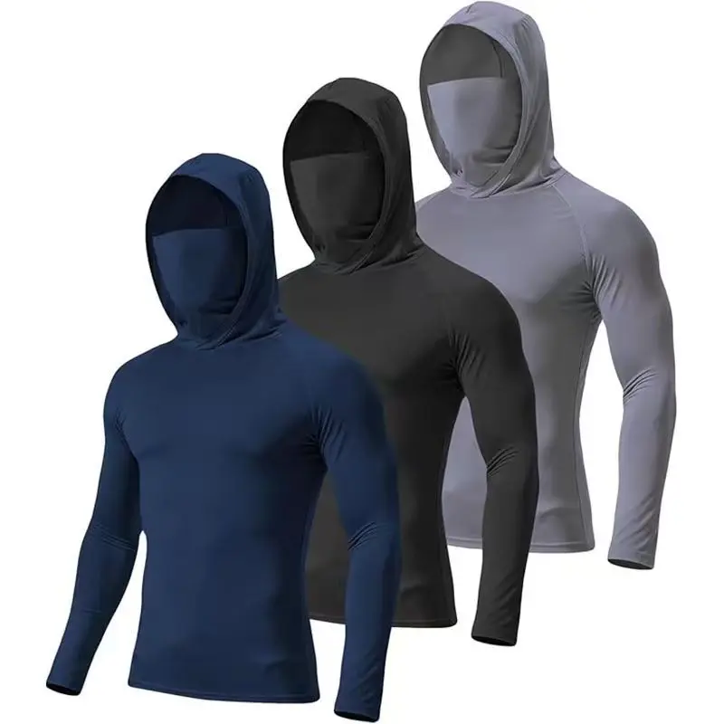 Men's 3-Pack Sports Hoodie Sets – Built-in Face Mask, Quick-Dry, UPF Sun Protection, Breathable Wrinkle-Resistant Fabric, for Fishing, Cycling, Outdoor Activities & Work, Long Sleeve, Slim Fit, All-Season, Machine Washable fitness training lightweight