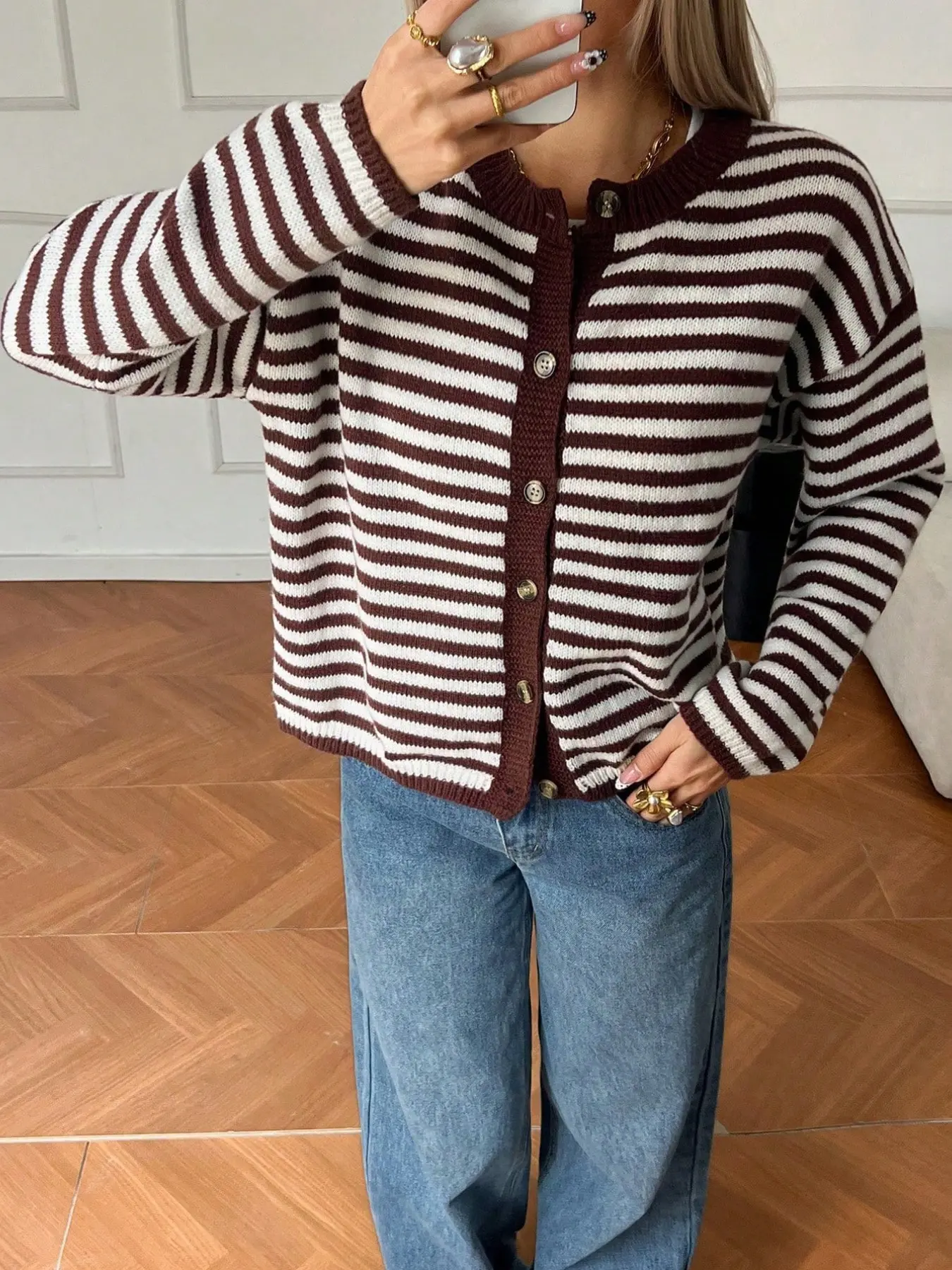 New Loose Fit Fashionable Elegant Women's Knit Round Neck Cardigan Top, Striped Long Sleeve Casual Knitwear Sweater for All Seasons, Y2K Style Daily Wear, Knitting