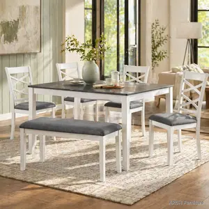 6-Piece Modern Grey & White 2-Tone Wood Dining Table Set with Bench, Seats 6, for Dining Room, Kitchen