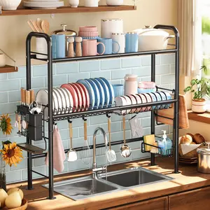 MiAoli Over Sink RackKitchen Over The dish drying rack OrganizerLarge Space Saving Dish Drainer CountertopDishes Rack On Counter Caddy Utensil MetalOrganizer 1&2 Tiers Adjustable Rubber