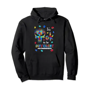 nclusive "Different is OK" Autism Hoodie |   Men’s Black Skull Puzzle Graphic, Autism Awareness Streetwear, Casual Four Seasons Pullover