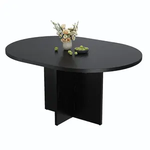 43.3"-59" Extendable Round Dining Table for 4-8, Modern Kitchen & Dining Room Table with Removable Leaf, Removable Leaf, Sturdy Cross Wood BaseTable Only, Black