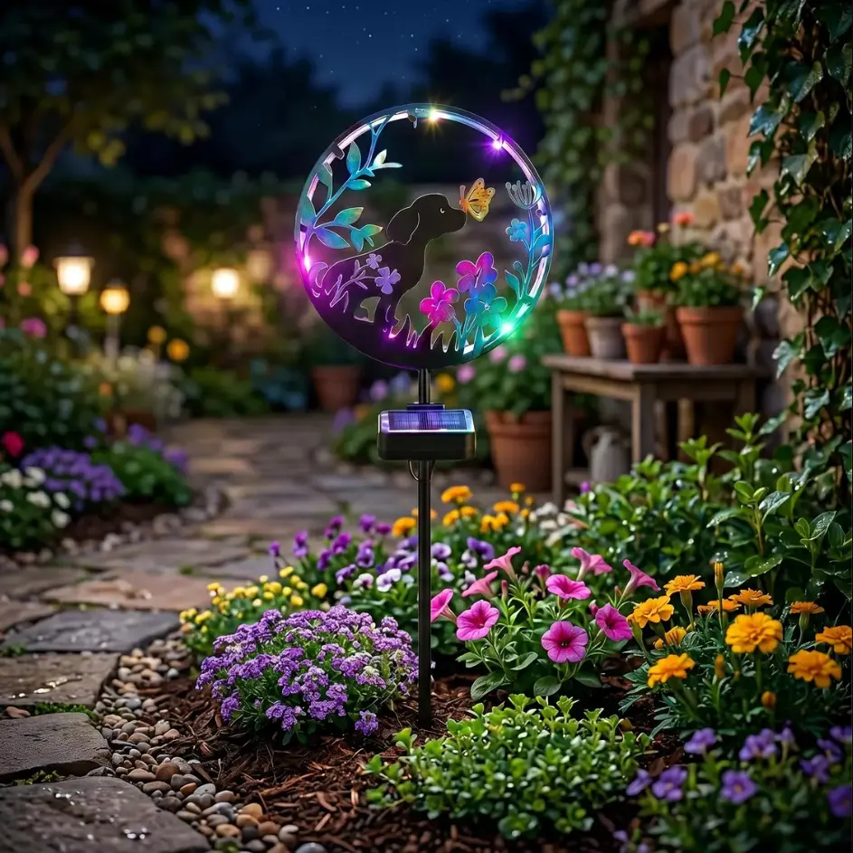Cat & Dog Solar Stake Light - Solar Outdoor Lights with 2 Style Options, Butterfly Details, Auto-Charges Under Sunlight, Colorful LED Round Garden Pathway Decor, Waterproof Boho Gardens Accent, Pet Lovers Gift
