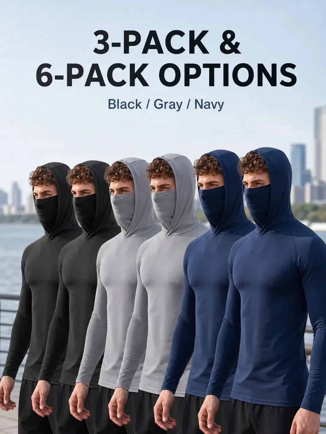 Men's Hooded Athletic Shirt, Long Sleeve Quick Dry Pullover with Face Mask Gaiter, UPF 50+ UV Protective Performance Top for Running & Outdoor Work, 3 or 6 Pack Long Sleeve Shirts, Athletic Outfits for Biking, Hiking & Sports